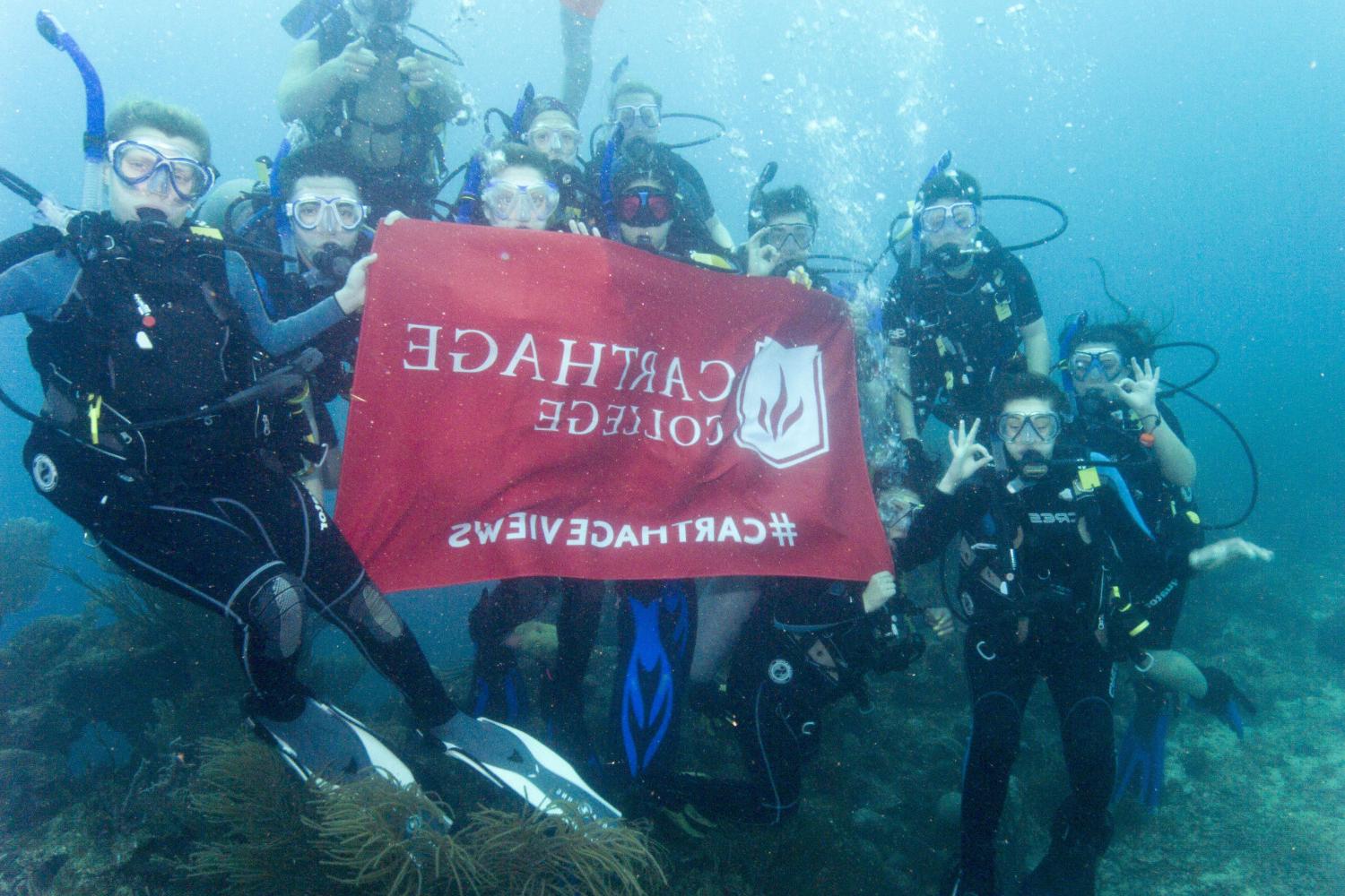 学生们手持<a href='http://blyp.ngskmc-eis.net'>bv伟德ios下载</a>旗帜，在j学期洪都拉斯游学之旅中潜水.